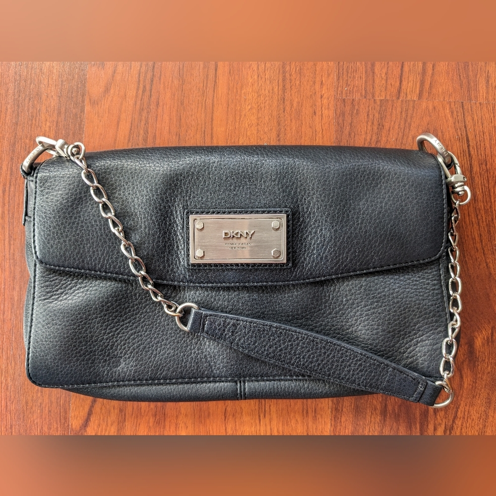 DKNY Donna Karan New York Black Genuine Leather Double Flap Handbag